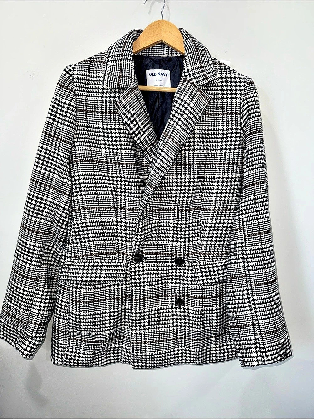 Old Navy Houndstooth Double-Breasted Blazer Black White Womens Medium Tall NWT !